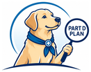 Scout, the PartDScout golden retriever, holding a magnifier over the words Part D Plan